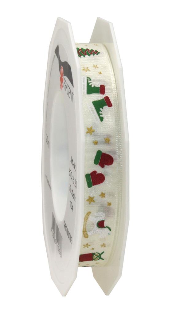 Nastro Christmas Time Cream 15 mm x 20 ml decorativo natalizio con motivi festivi per confezioni regalo - DeMatteis.it