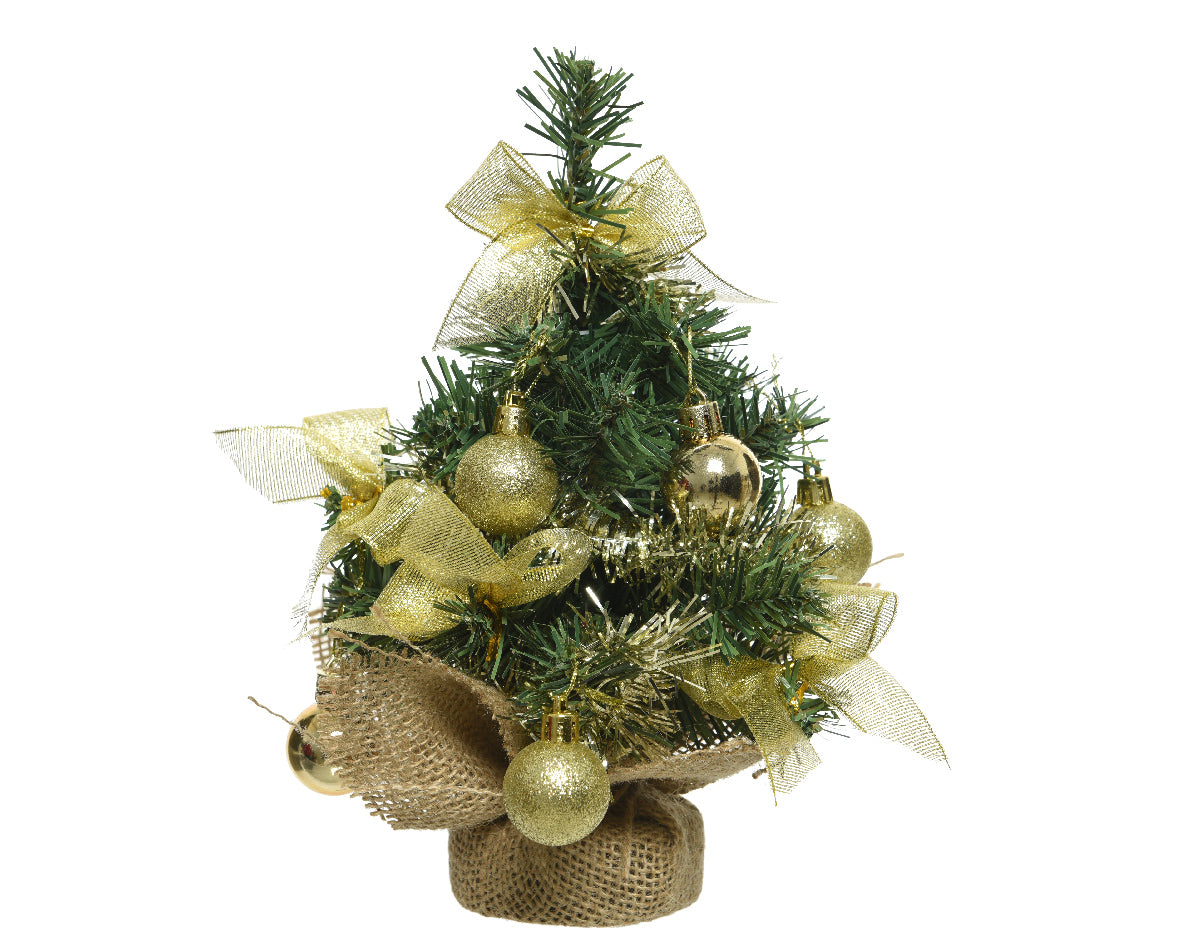 Albero Verde Decorato Oro 25 cm per decorazioni natalizie con palline e fiocchi dorati in poliestere - DeMatteis.it