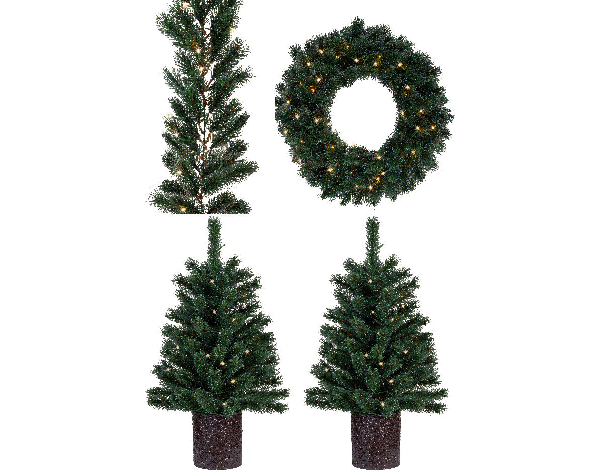 Set Decoro Porta Luci Warm White decorazioni natalizie illuminate con ghirlanda e alberelli per allestimenti festivi - DeMatteis.it