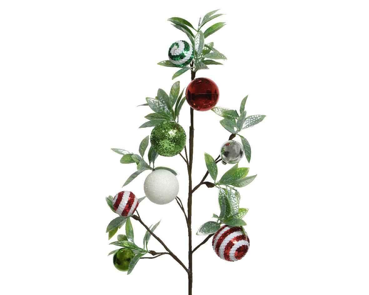 Ramo decorativo con foglie e palline natalizie lunghezza 65 cm per addobbi natalizi - DeMatteis.it