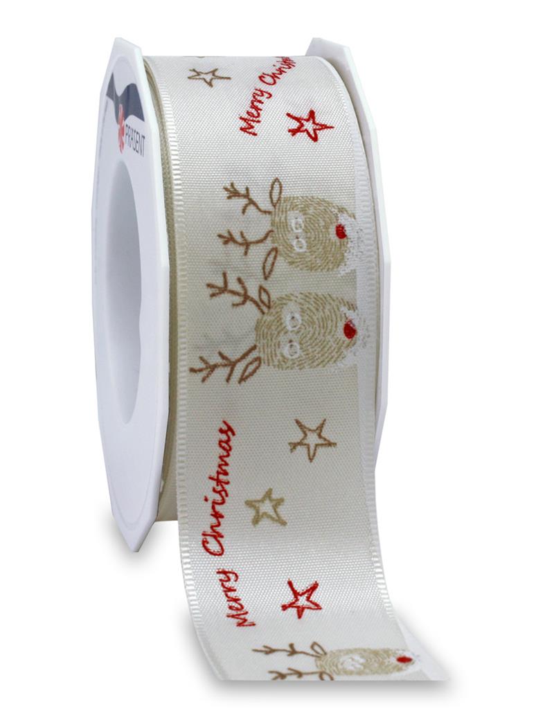 Nastro Kopenhagen Cream 40 mm x 20 ml decorativo natalizio con renne e stelle per confezioni regalo - DeMatteis.it