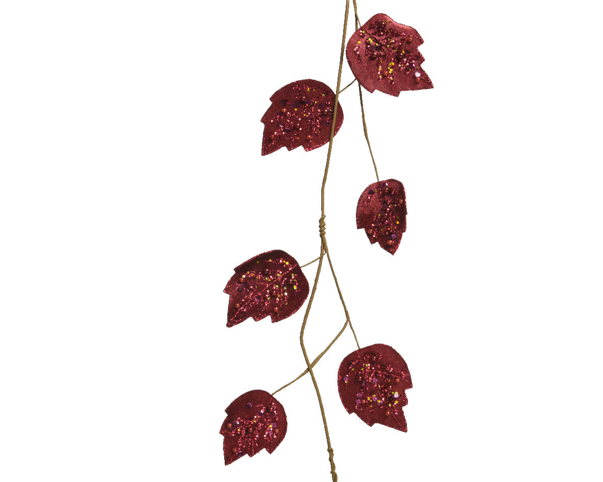 Ramo foglie velluto oxblood con glitter decorativo per addobbi natalizi lunghezza 100 cm - DeMatteis.it