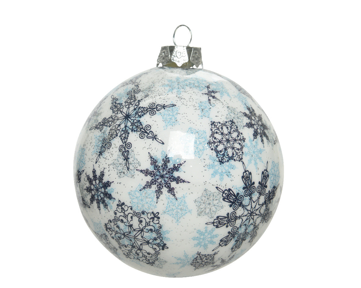 Pallina Di Natale Bianca D 8 cm Decoro Fiocchi Blu ornamento natalizio decorativo con motivi fiocchi di neve - DeMatteis.it