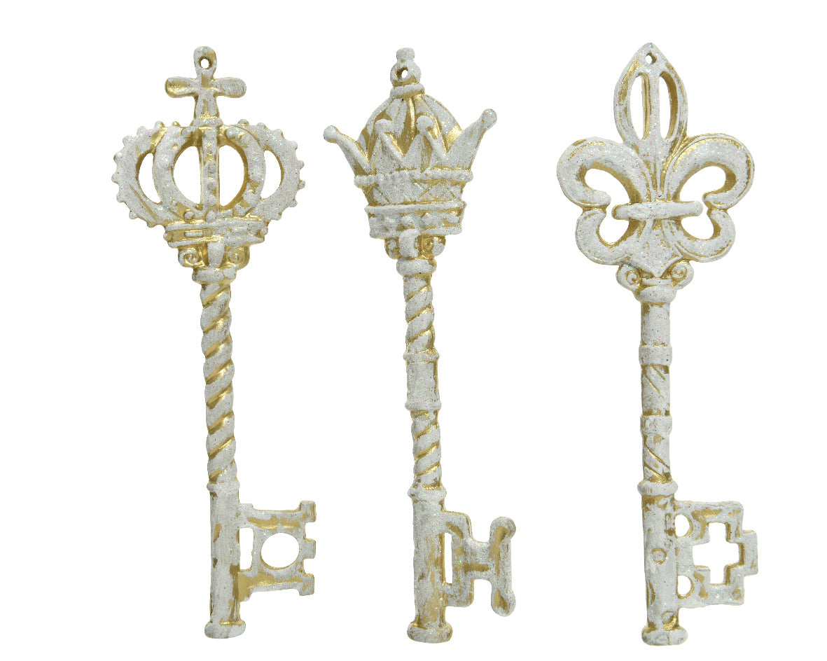 Pendente Chiave Bianco Decoro Oro decorativo con motivi corona e giglio dimensioni 5x15 cm - DeMatteis.it