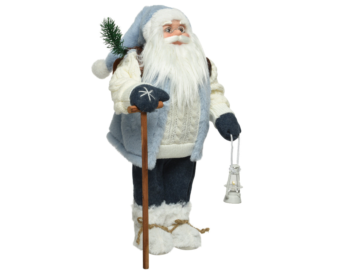Babbo Natale decorativo azzurro e bianco 30 cm per addobbi natalizi con bastone e lanterna - DeMatteis.it