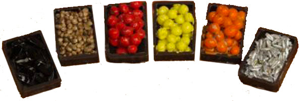 Cassette di plastica miniature con ortaggi e pesce per decorazioni e allestimenti alimentari - DeMatteis.it