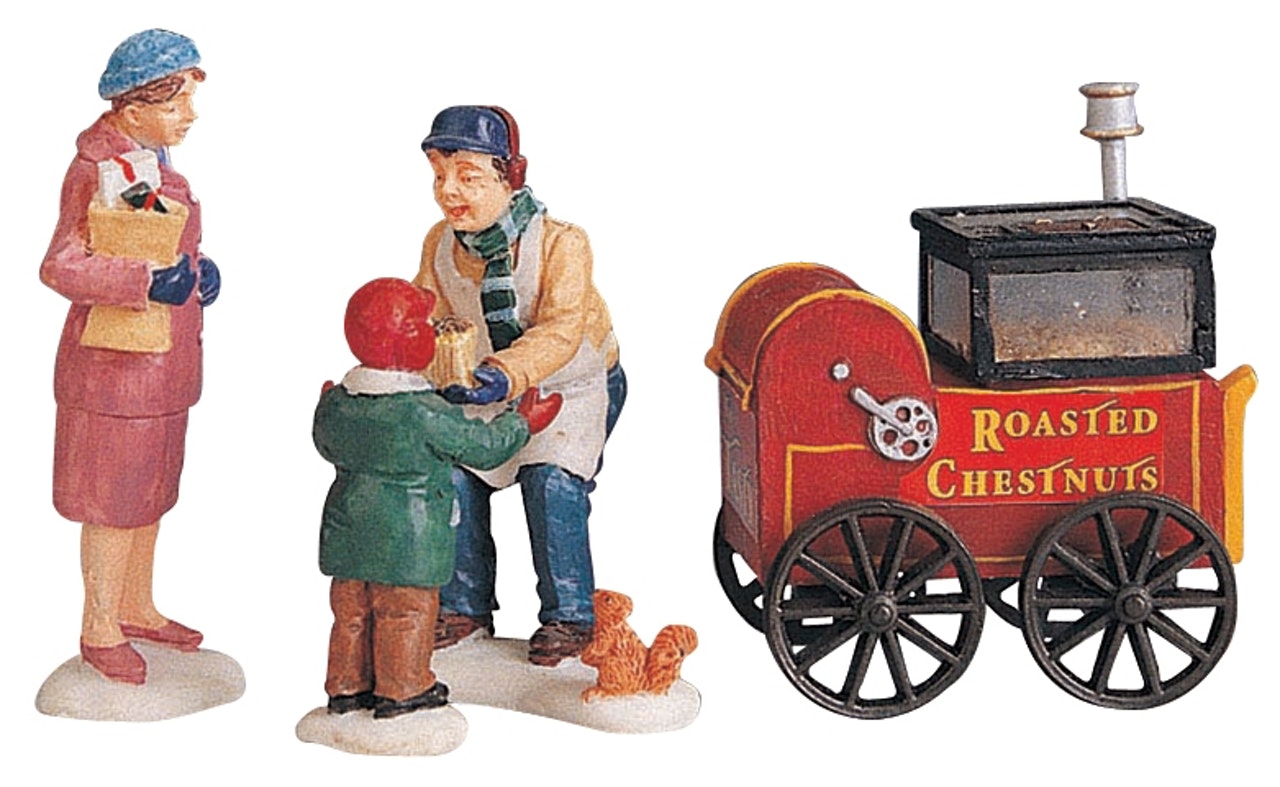 Roasted Chestnut Stand Set Of 4 Lemax decorazioni natalizie con carretto caldarroste e figurine per villaggio di Natale - DeMatteis.it