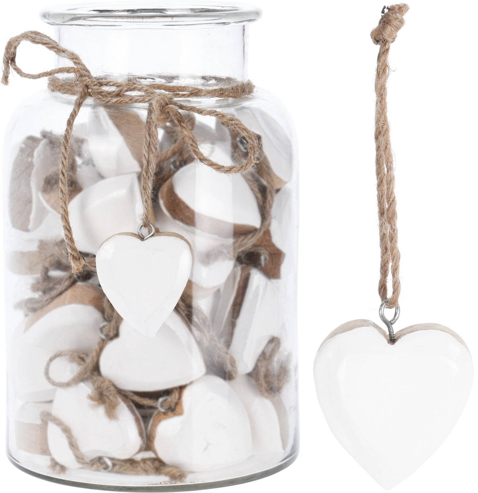 Pendente cuore in legno bianco 6 cm con cordino in iuta per decorazioni - DeMatteis.it