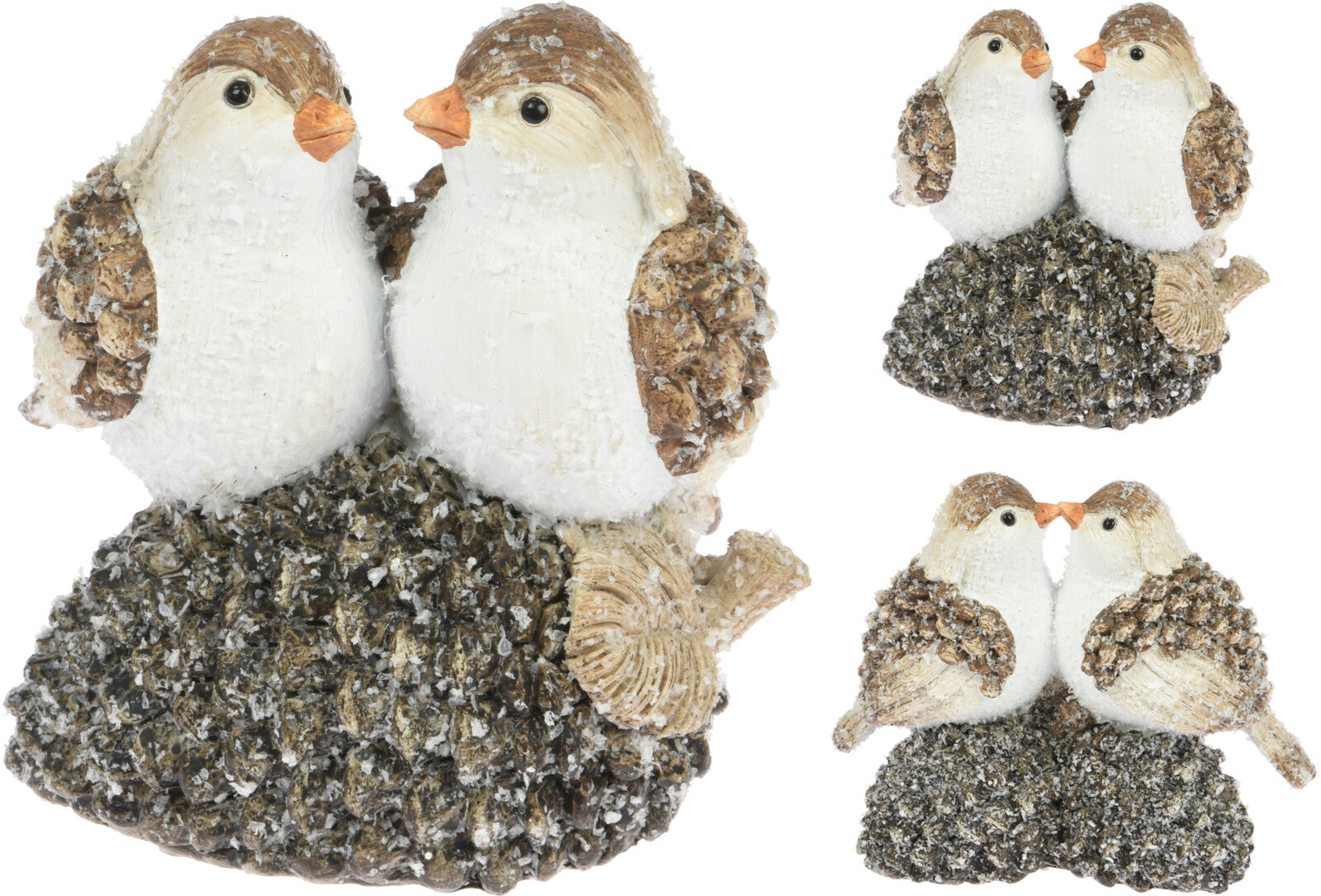 Coppia di uccellini su pigna decorativa oggetto ornamentale artigianale per arredamento - DeMatteis.it