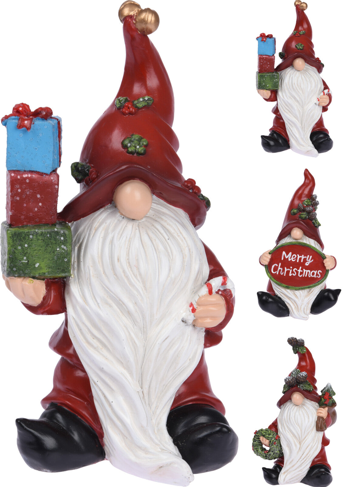 Gnomo natalizio decorativo con regali impilati, altezza 19 cm, ornamento per decorazioni di Natale - DeMatteis.it