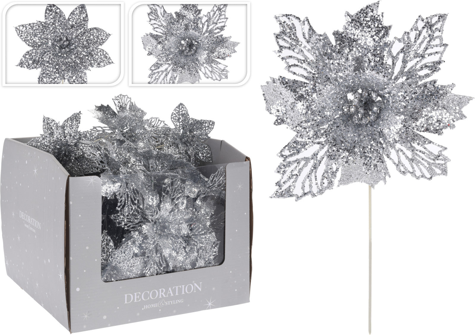 Pick Fiore Argento 21 cm decorazione natalizia glitterata per addobbi - DeMatteis.it