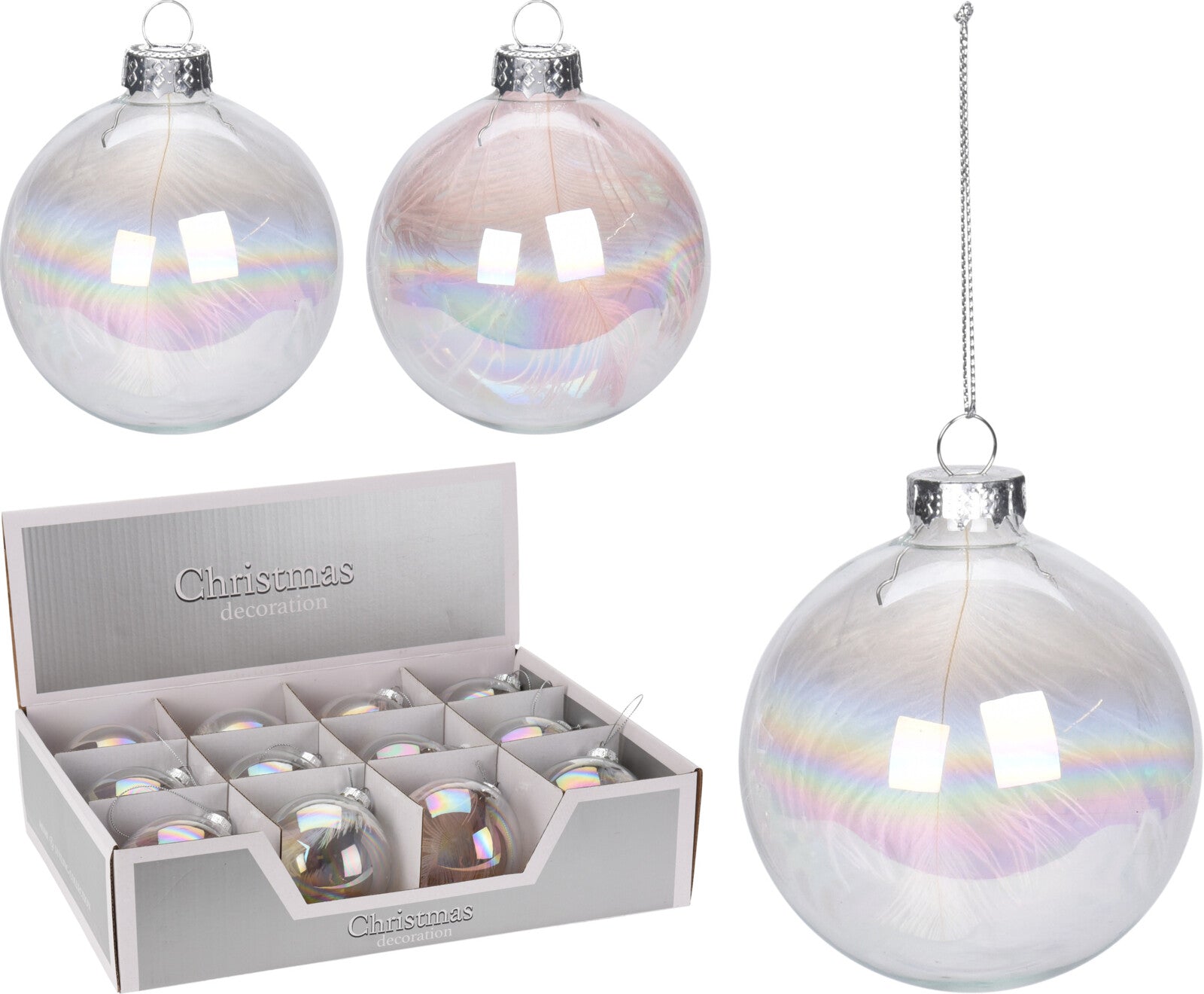 Palla di Natale in vetro con piume decorative diametro 8 cm per albero natalizio - DeMatteis.it