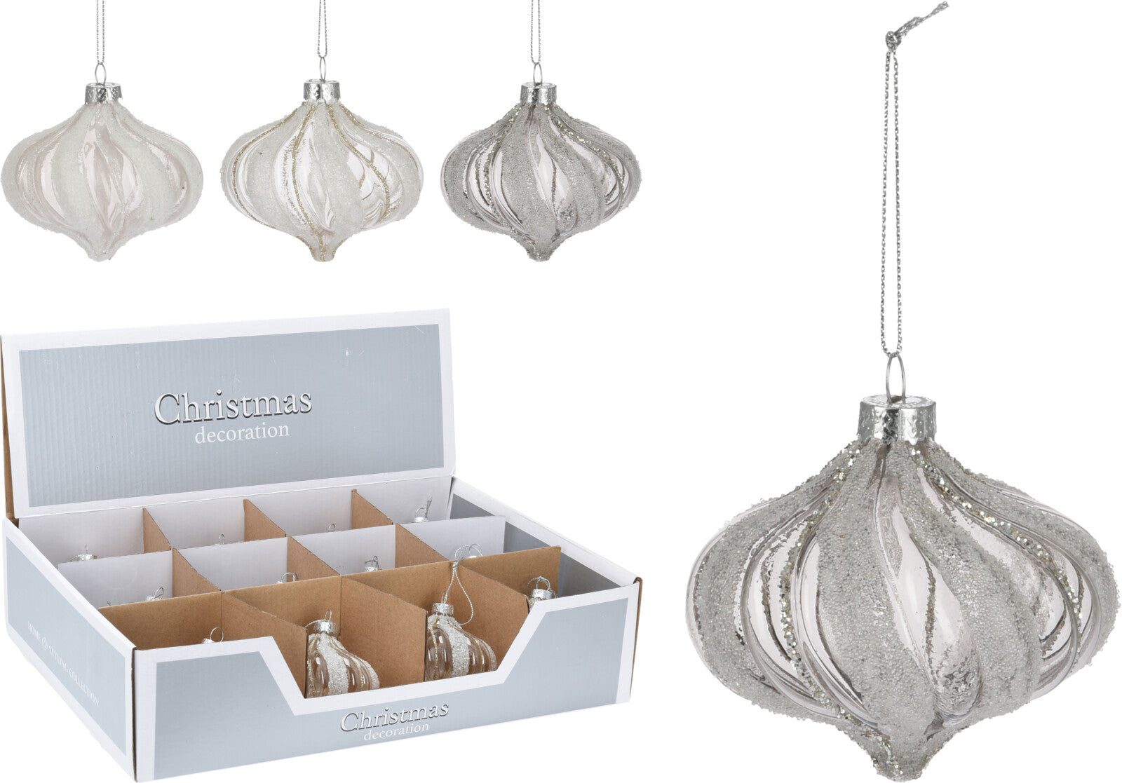 Pendente Cipolla Vetro 8 cm Silver Bianco decorazione natalizia per albero di Natale - DeMatteis.it