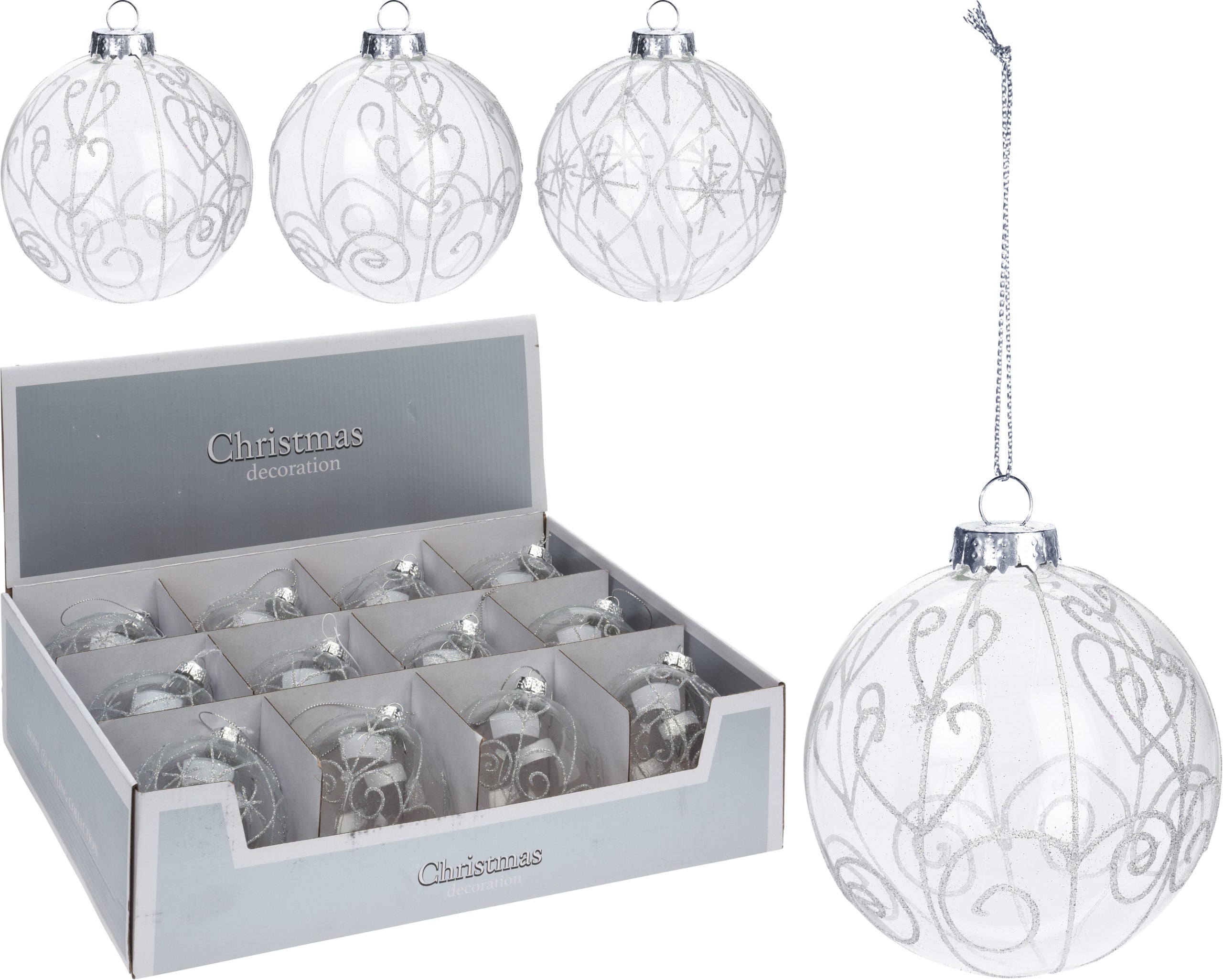 Sfera Vetro Trasparente decorata diametro 10 cm per decorazioni natalizie con gancio di sospensione - DeMatteis.it