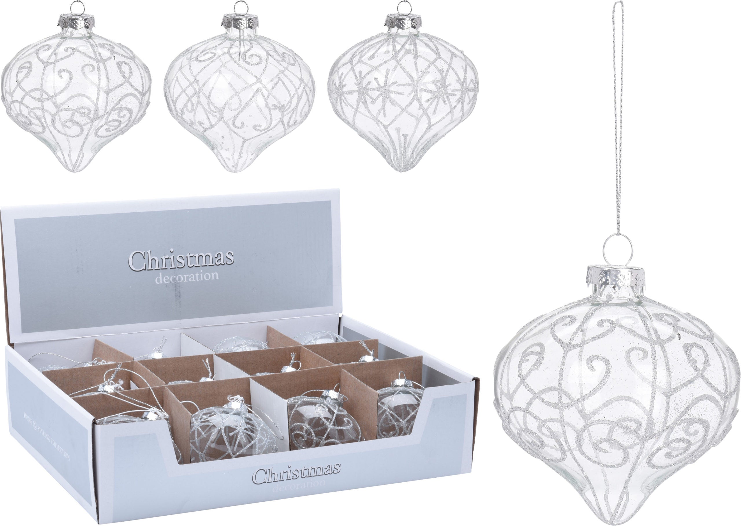 Sfera Vetro Cipolla decorazione natalizia diametro 8 cm con decorazioni ornamentali in vetro trasparente - DeMatteis.it