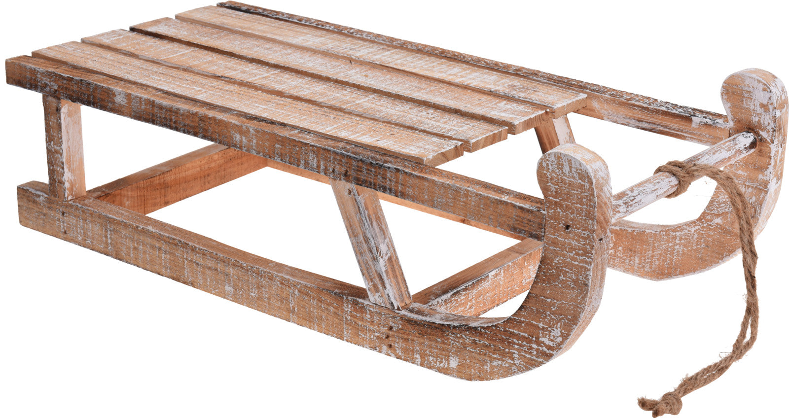 Slitta da neve in legno sbiancato dimensioni 50 x 24 x 14 cm con corda di traino - DeMatteis.it