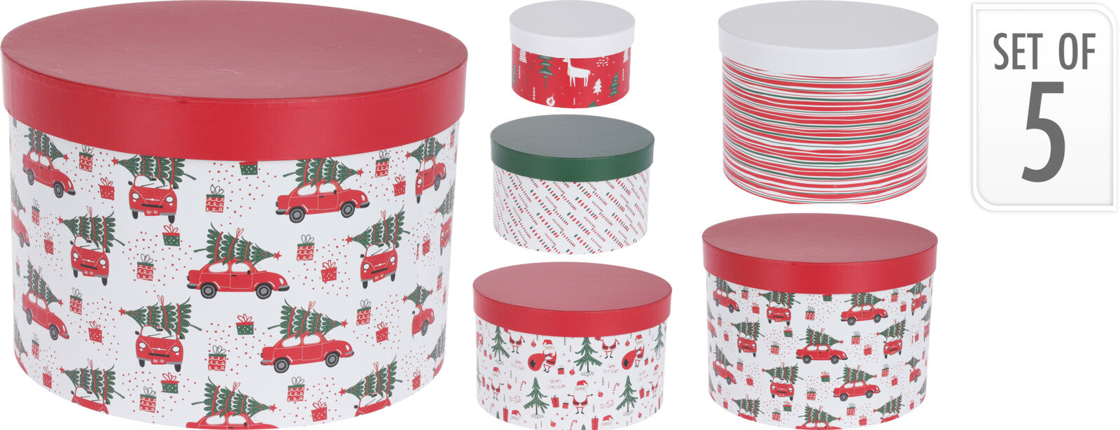 Set 5 Scatole Tonde Carta Decoro Natalizio