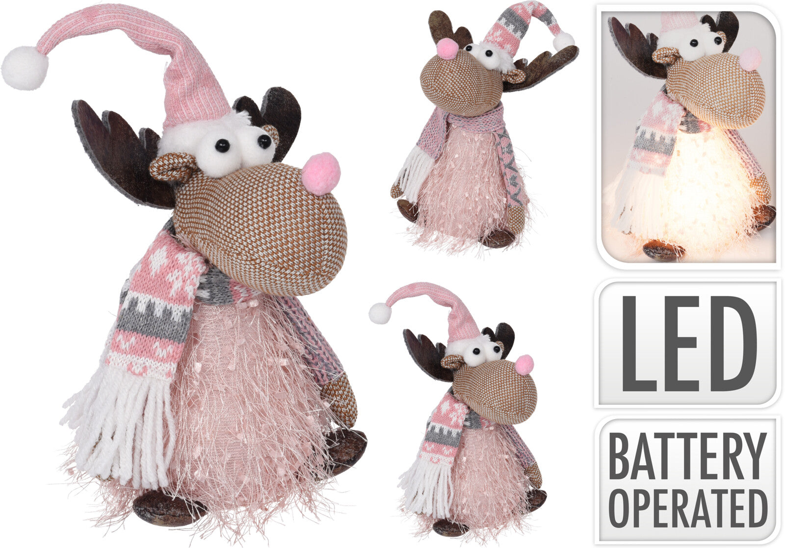 Renna decorativa in tessuto con luci LED a batteria, decorazione natalizia 14 x 22 cm - DeMatteis.it