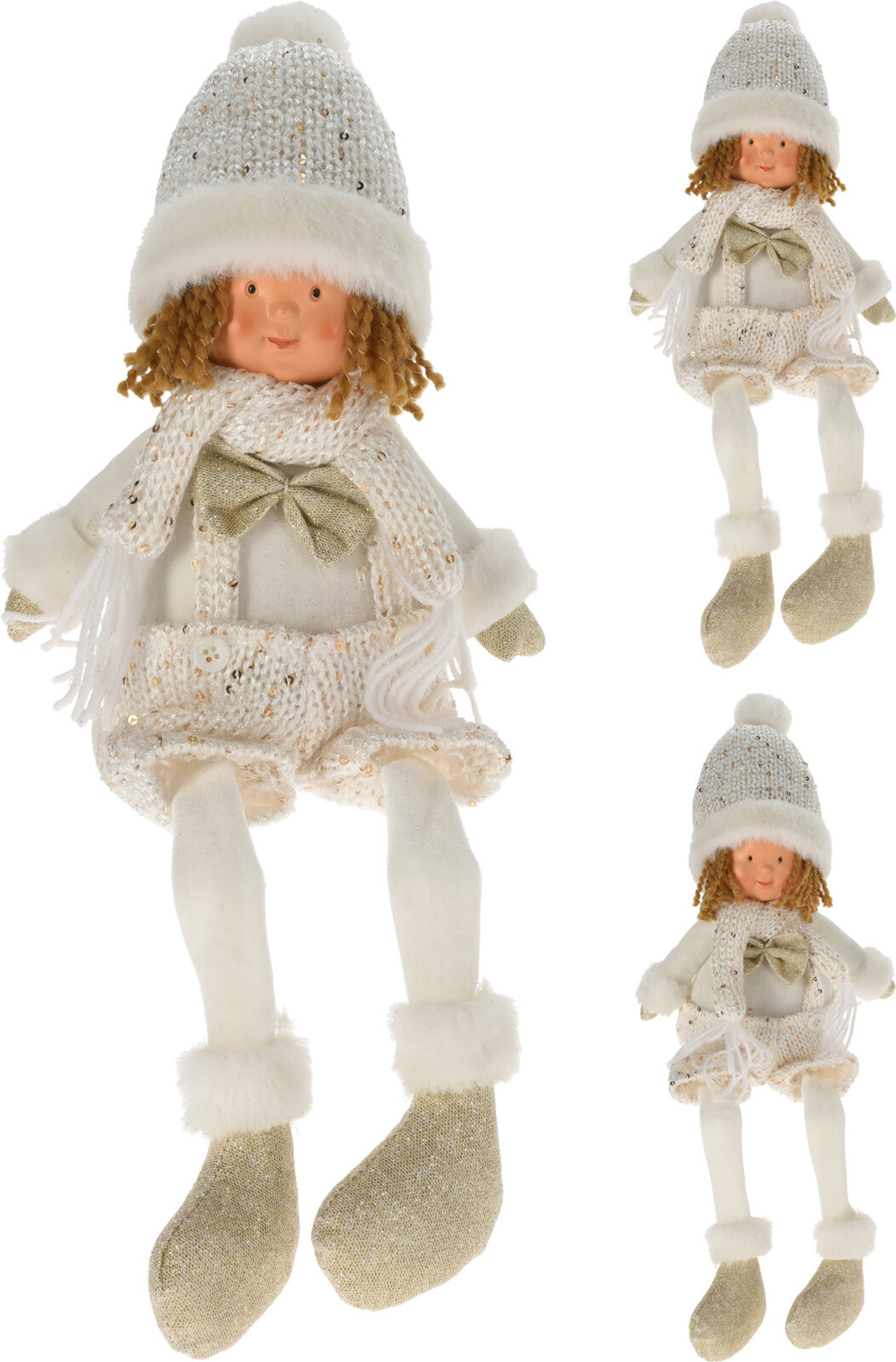 Bimbo Tessuto Bianco Oro 45 cm bambola decorativa natalizia con abbigliamento invernale - DeMatteis.it