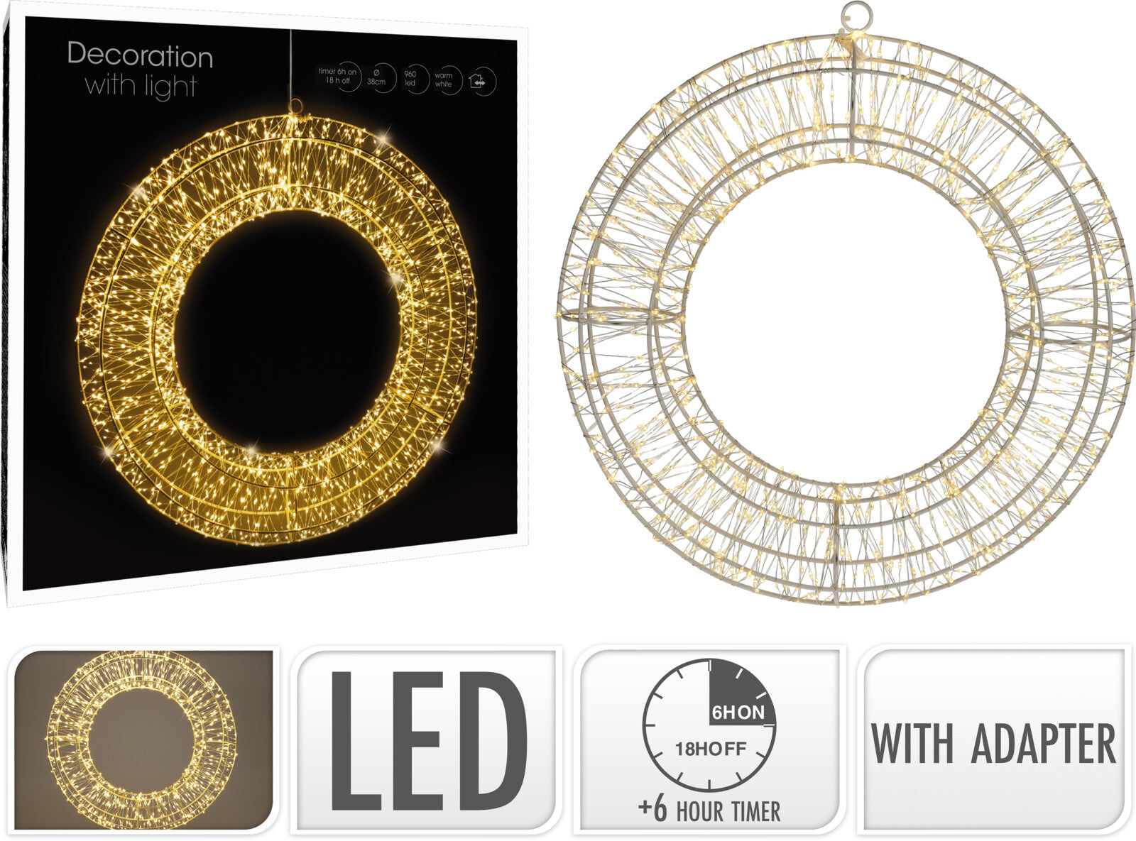 Corona decorativa da 38 cm con 960 LED luce calda e timer per illuminazione natalizia - DeMatteis.it