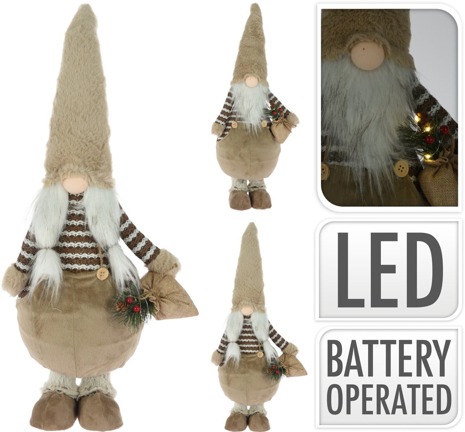 Gnomo peluche decorativo natalizio da 73 cm con illuminazione LED e decorazioni natalizie - DeMatteis.it