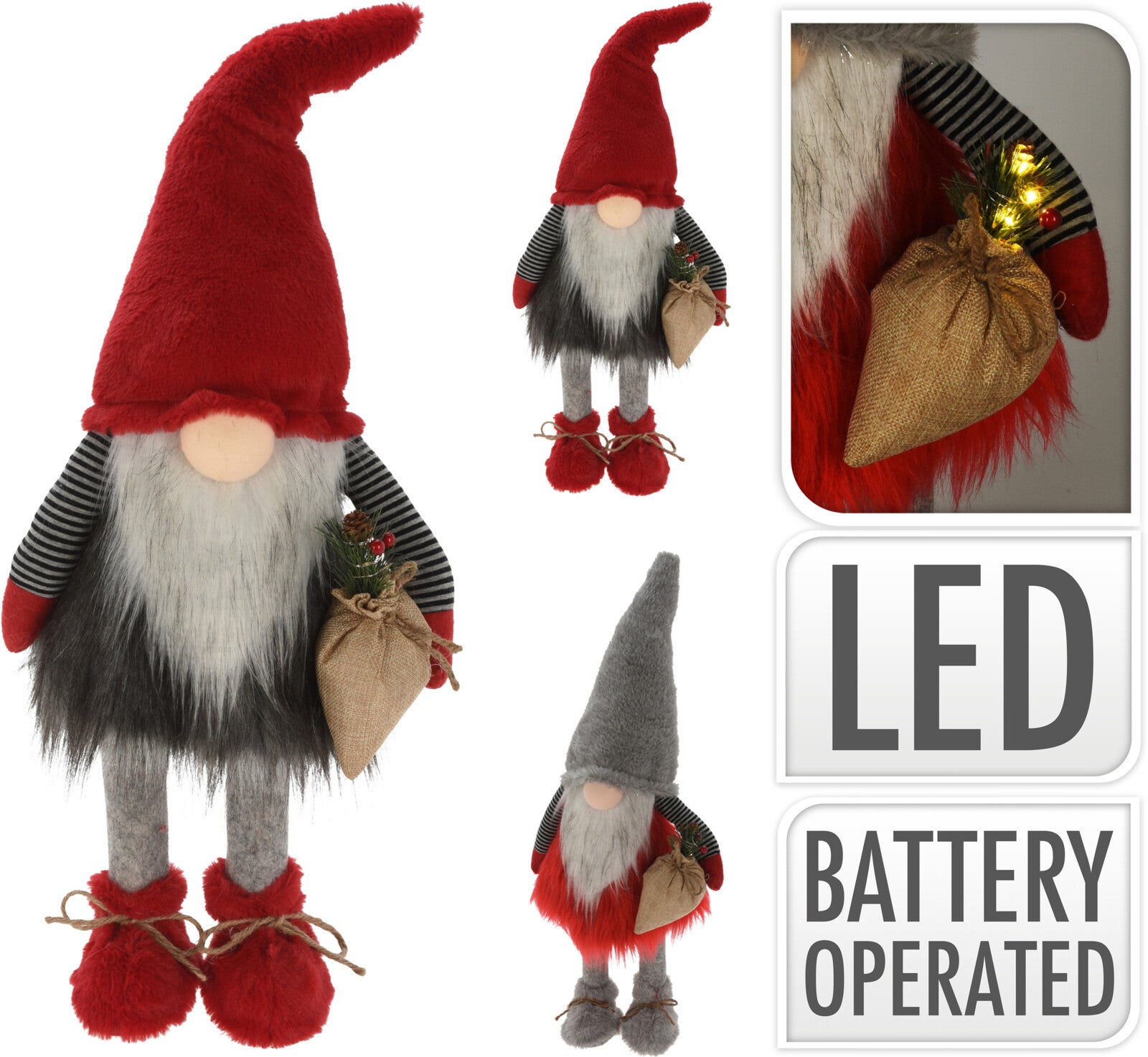 Gnomo Peluche decorativo natalizio da 65 cm con illuminazione LED a batteria per decorazioni natalizie - DeMatteis.it