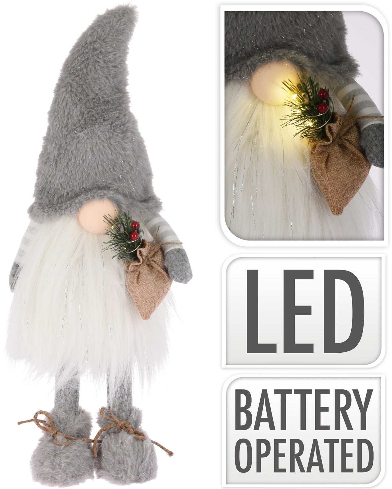 Gnomo peluche decorativo con illuminazione LED da 53 cm a batterie per decorazioni natalizie - DeMatteis.it