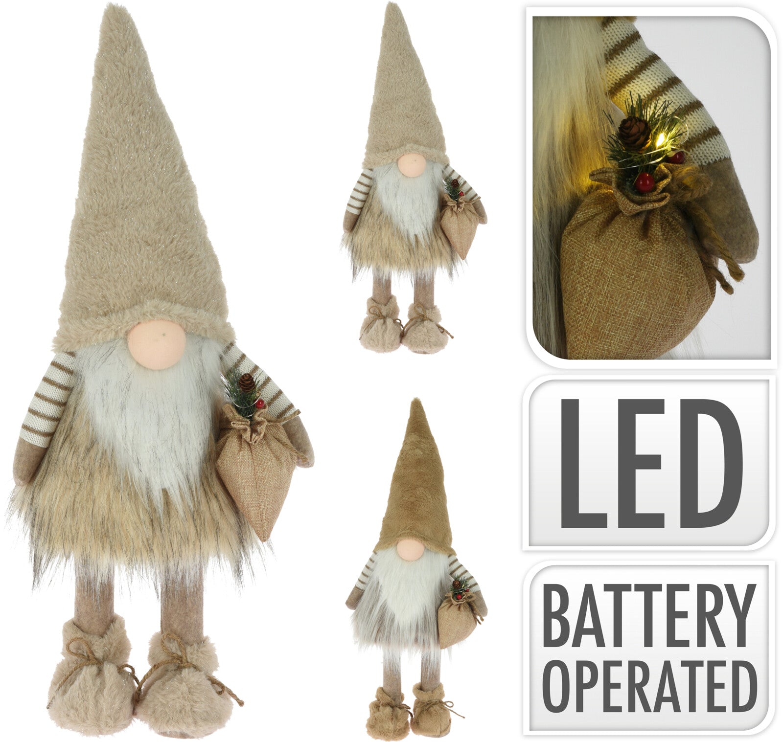 Gnomo Peluche Brown 65 cm con illuminazione LED a batteria per decorazione natalizia - DeMatteis.it