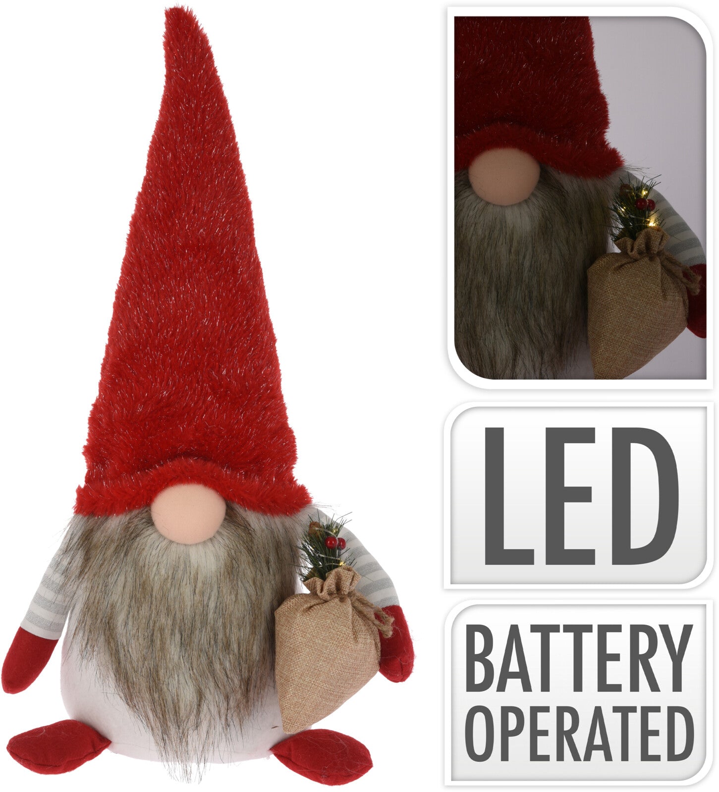 Gnomo Peluche Rosso Led decorativo natalizio da 52 cm con illuminazione a batteria per decorazioni festive - DeMatteis.it