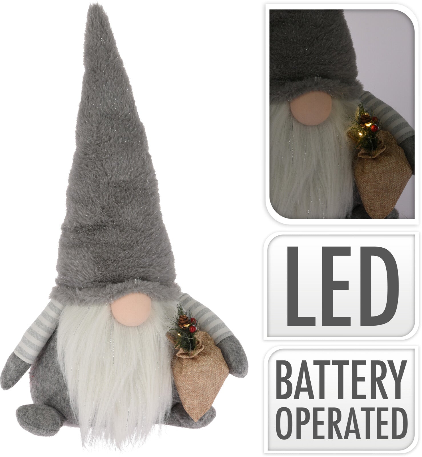 Gnomo peluche grigio con illuminazione LED da 52 cm decorativo natalizio a batterie - DeMatteis.it