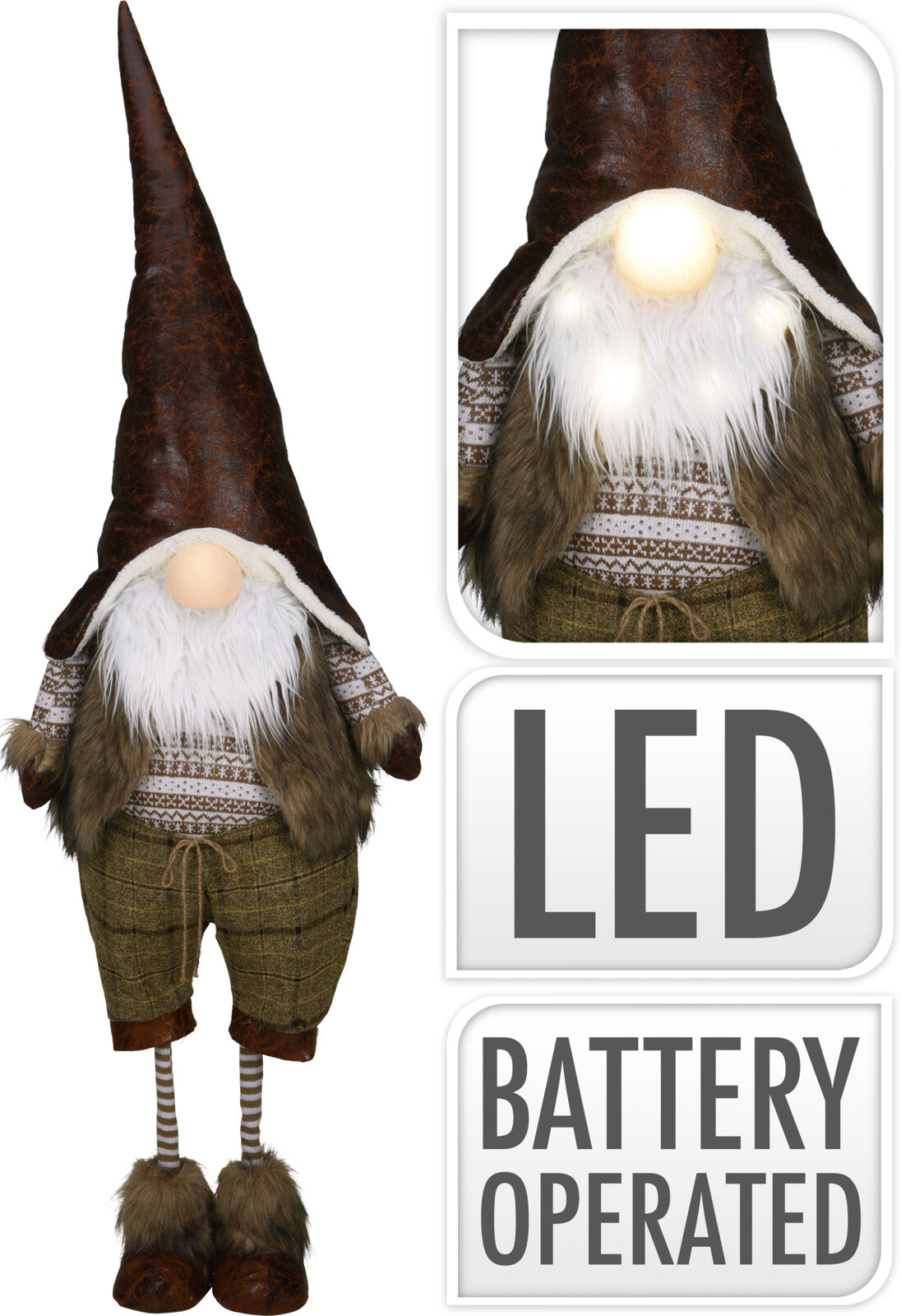 Gnomo decorativo natalizio con luci LED e suoni altezza 160 cm a batterie per decorazioni festive - DeMatteis.it