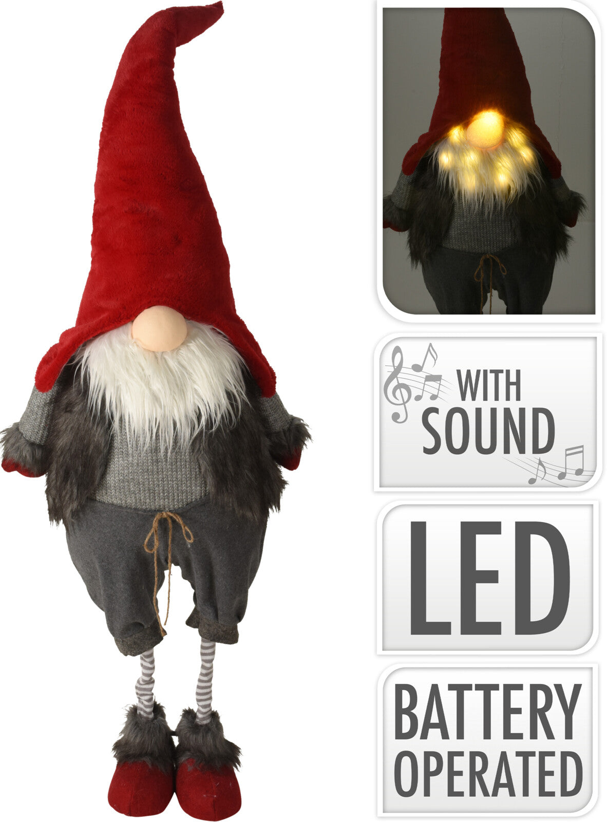 Gnomo decorativo natalizio con luci LED e suoni da 160 cm per addobbi festivi - DeMatteis.it