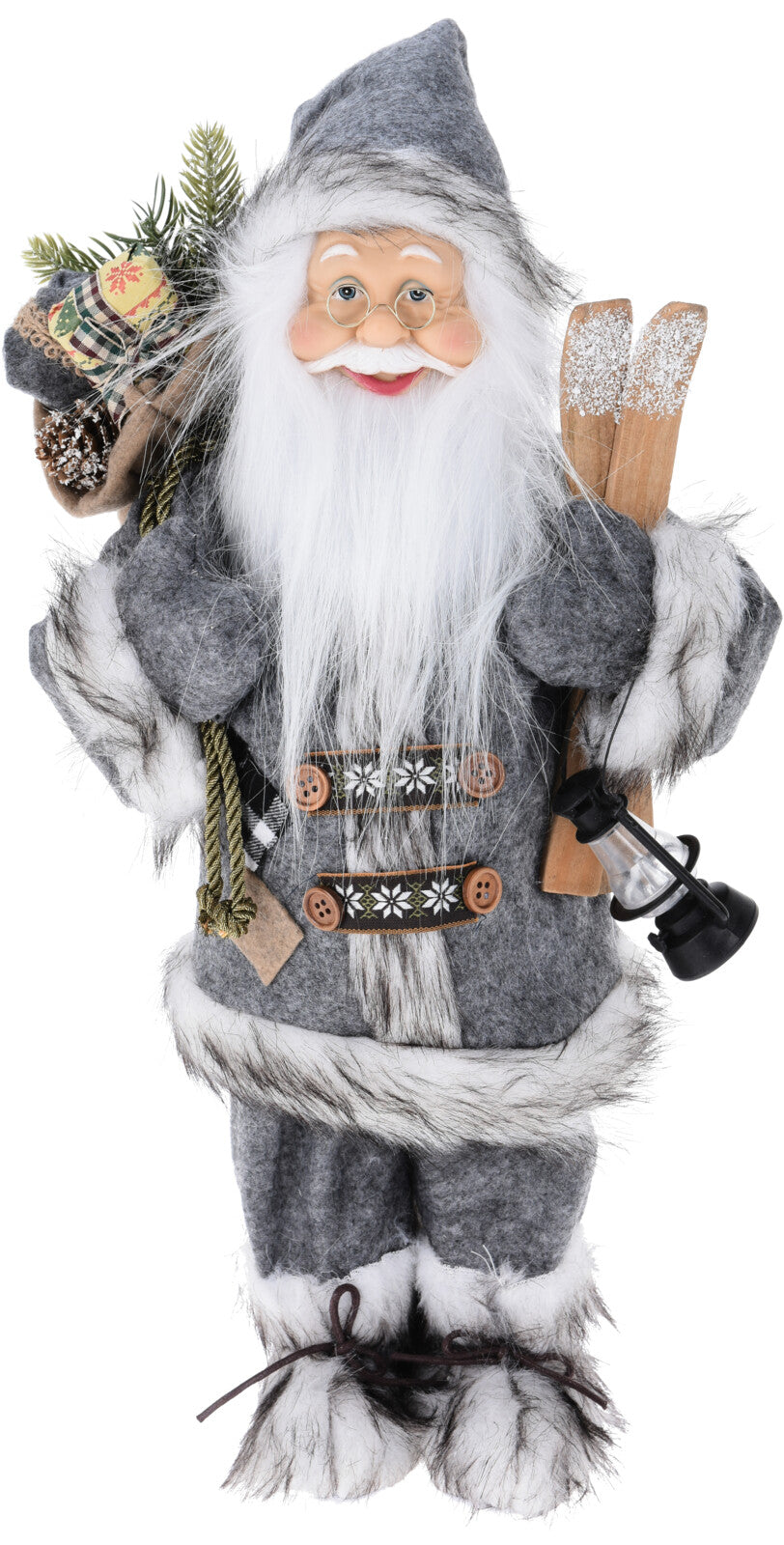 Babbo Natale grigio decorativo con sci e accessori natalizi, altezza 57 cm, per decorazioni natalizie - DeMatteis.it