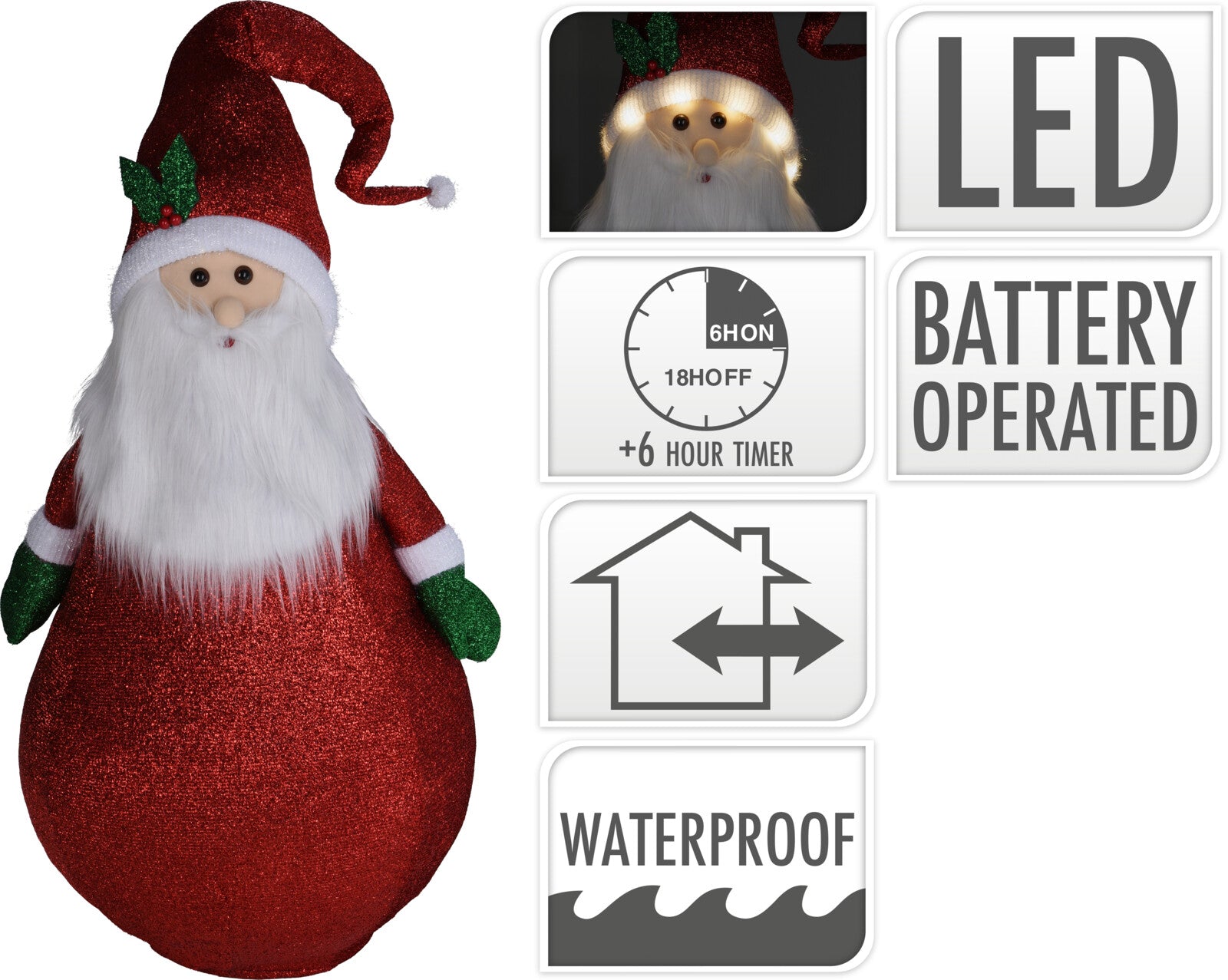 Babbo Natale decorativo luminoso 60 x 14 cm con 10 LED a batteria e timer 6 ore impermeabile - DeMatteis.it