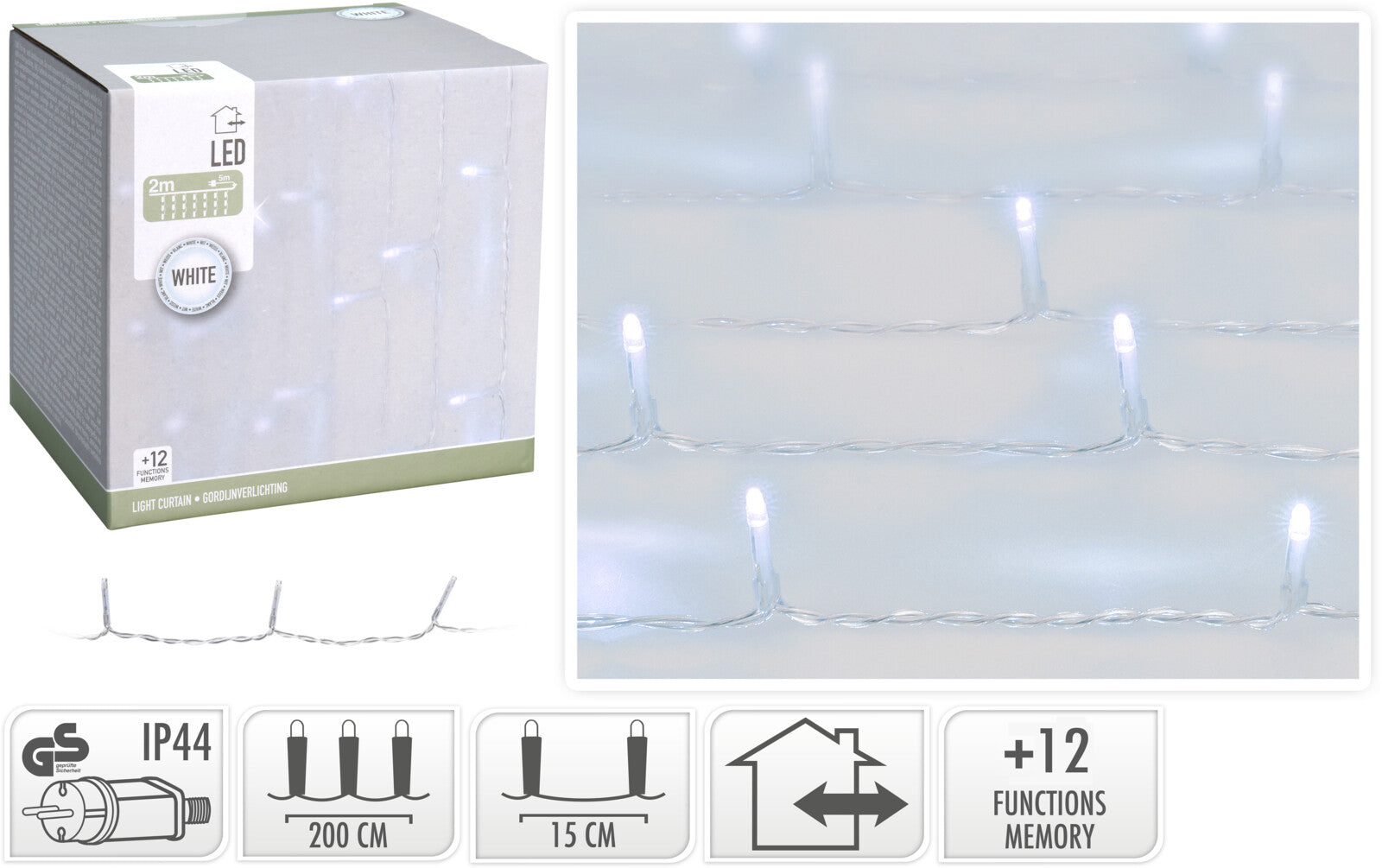 Tenda Luminosa 240 Led Bianco Freddo per decorazioni natalizie con 12 funzioni memory - DeMatteis.it