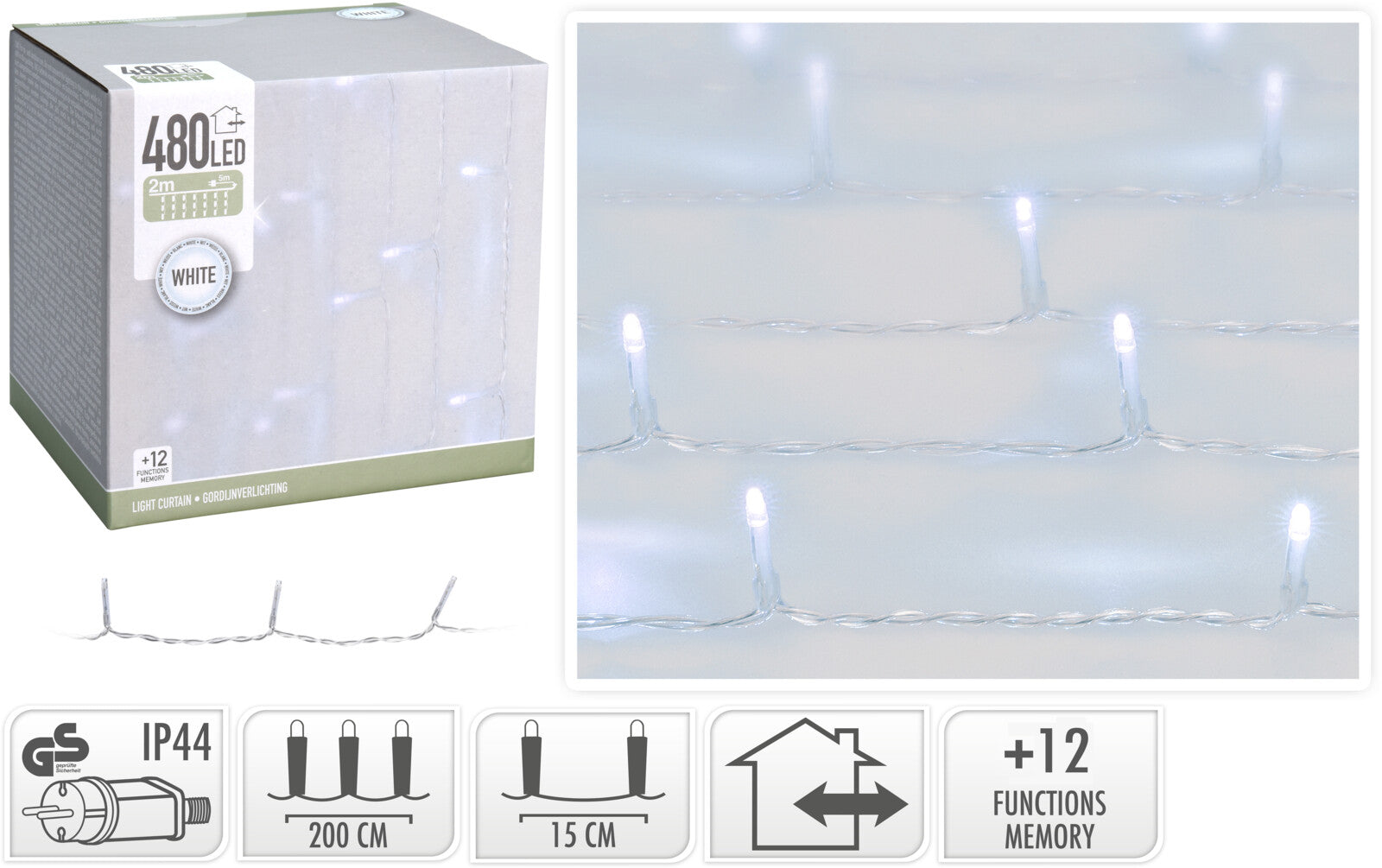 Tenda Luminosa 480 Led Bianco Freddo decorazione natalizia con funzioni memory e protezione IP44 - DeMatteis.it