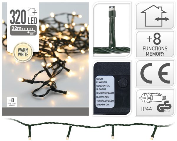 Luminaria 320 LED bianco caldo catena luminosa natalizia con 8 funzioni memoria e certificazione IP44 - DeMatteis.it