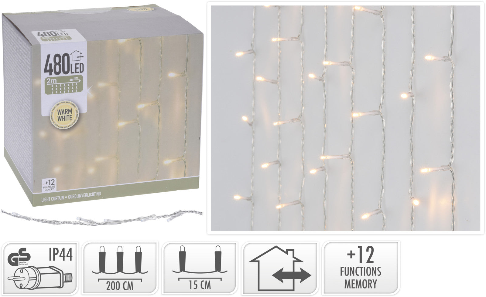 Tenda Luminosa 480 Led Bianco Caldo per decorazioni natalizie con 12 funzioni memory - DeMatteis.it