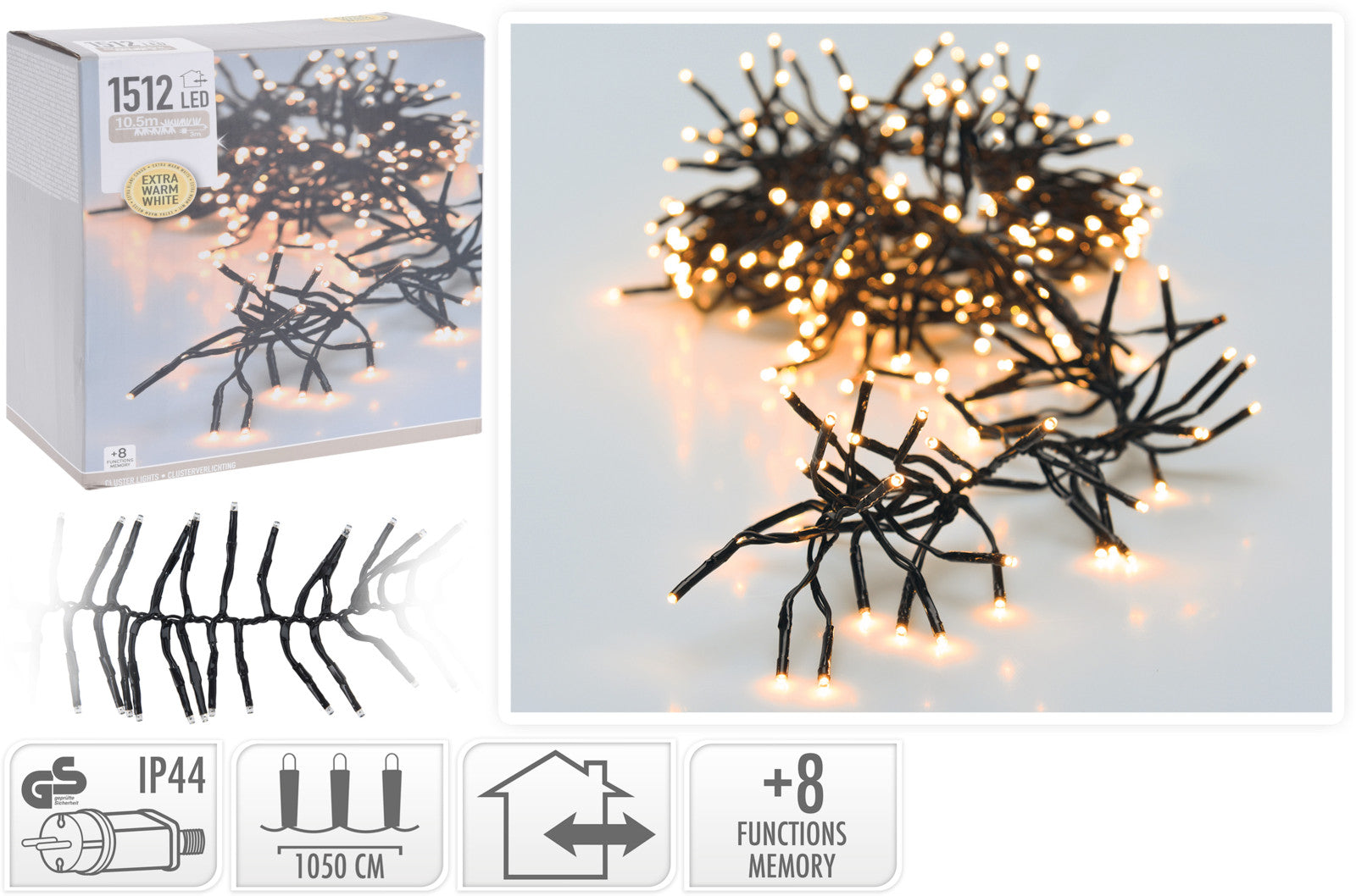 Luci Di Natale Cluster 1512 Led Luce Extra Calda per decorazioni natalizie interne ed esterne con 8 funzioni memory - DeMatteis.it