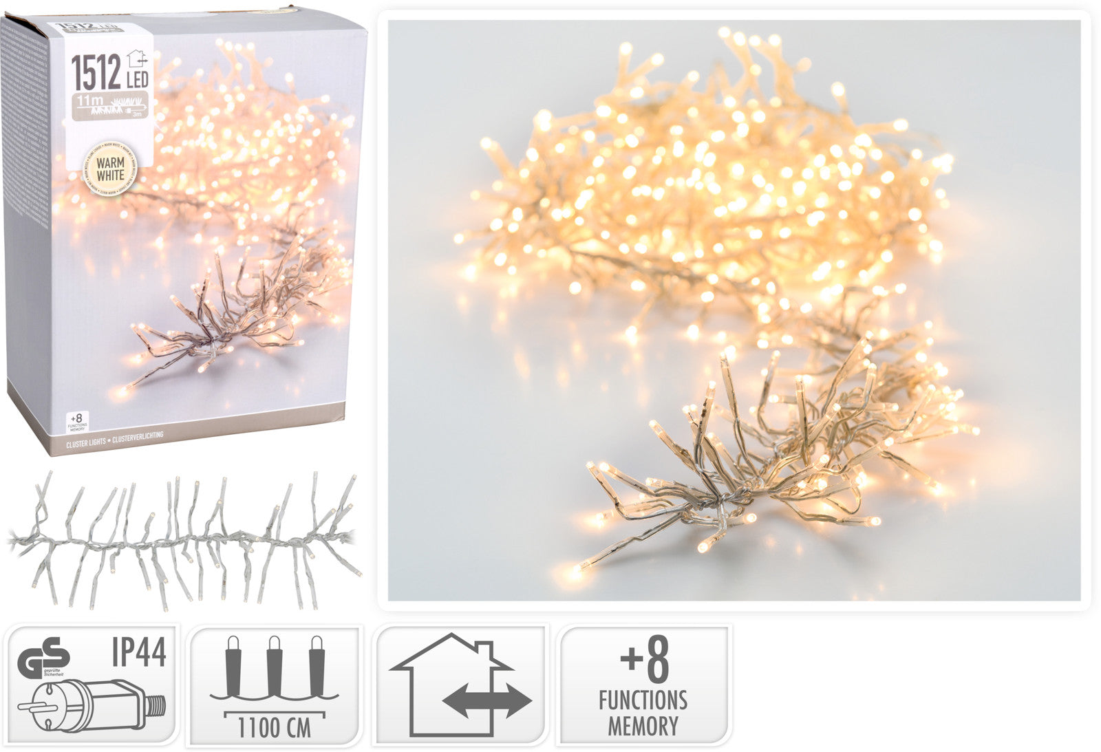 Luci Di Natale Cluster 1512 Led Luce Calda Cavo Trasparente per decorazioni natalizie interne ed esterne con certificazione IP44 - DeMatteis.it