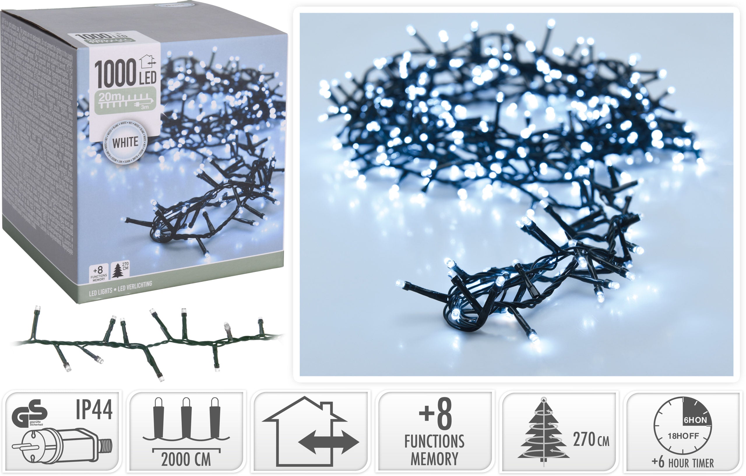 Luci Di Natale 1000 Led Luce Fredda per decorazioni natalizie interne ed esterne con 8 funzioni memory - DeMatteis.it