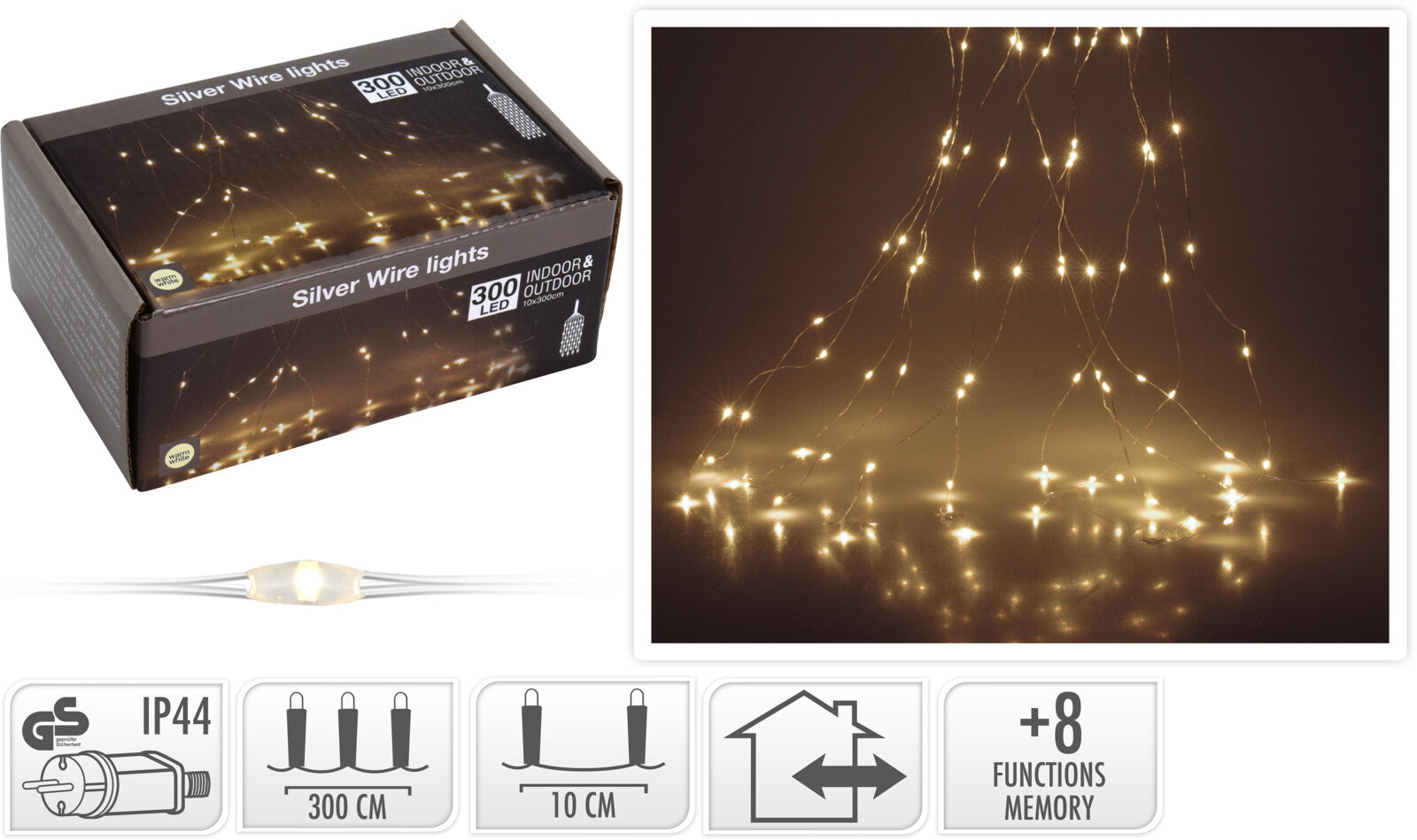 Cascata 300 LED bianco caldo con gioco luminaria per decorazioni natalizie interne ed esterne - DeMatteis.it