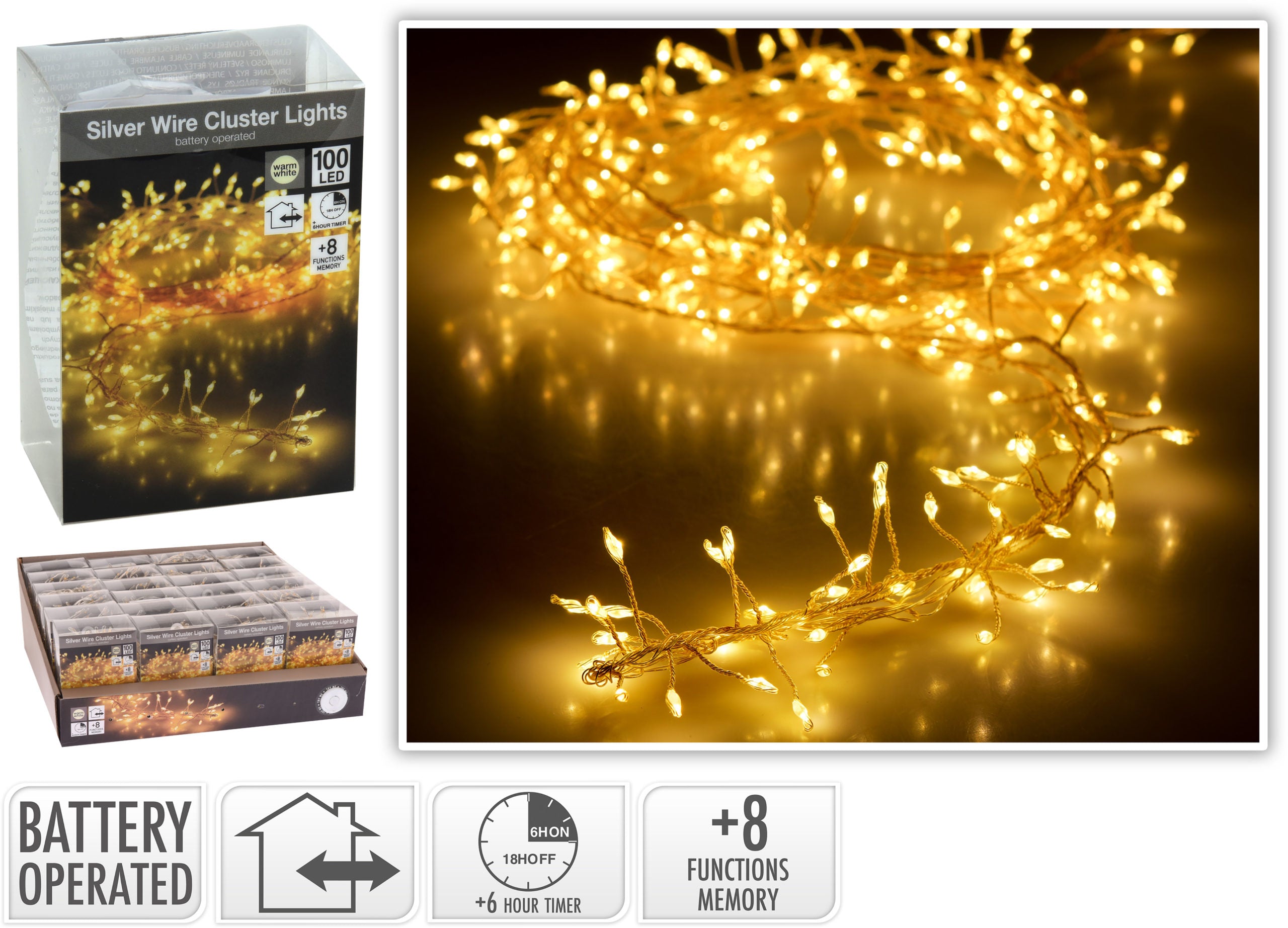 Luminaria Cluster 100 Led Warm White catena luminosa decorativa a batteria con timer e 8 funzioni - DeMatteis.it