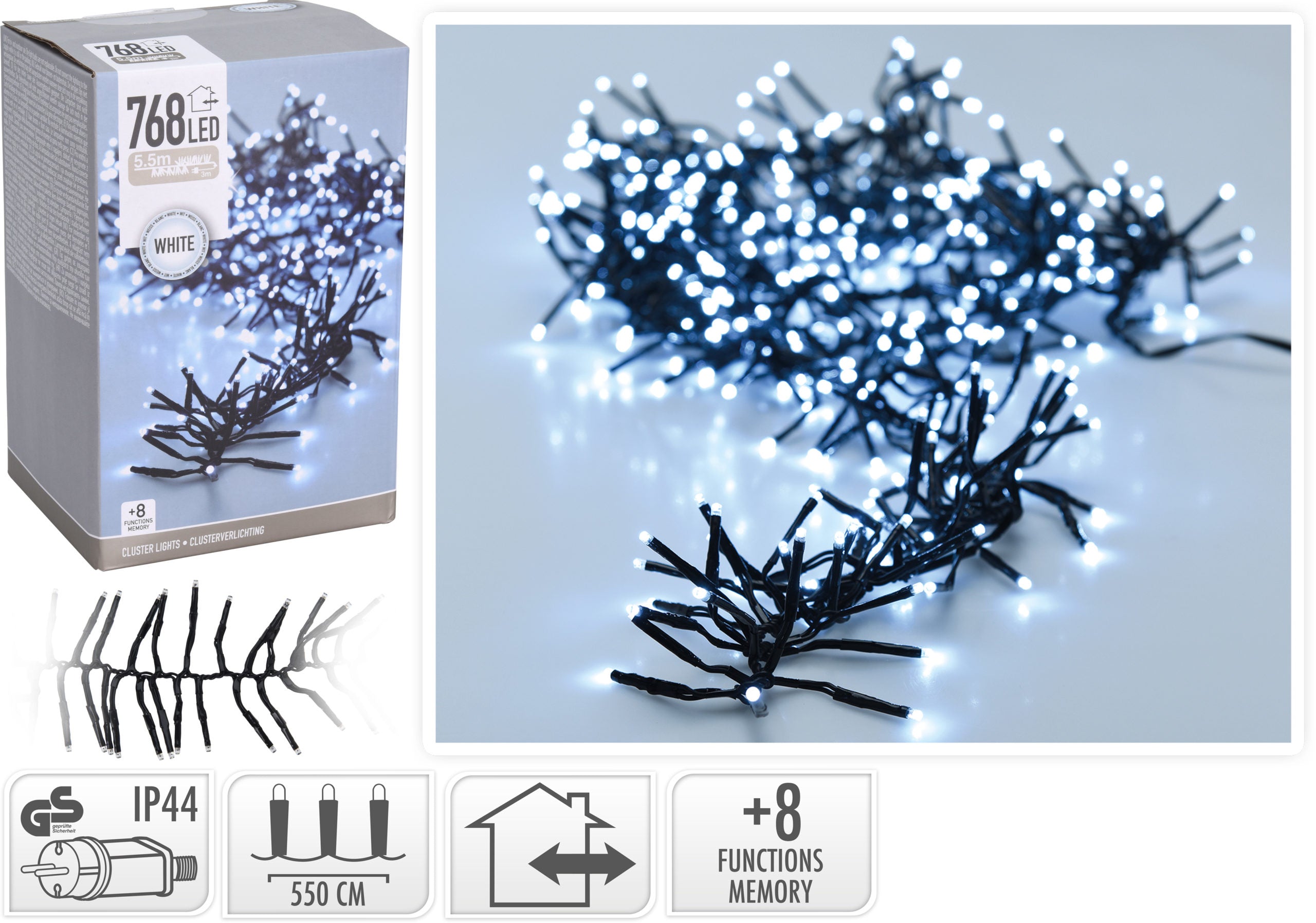 Luci Di Natale A Grappolo 768 Led Luce Fredda per decorazioni natalizie interne ed esterne con 8 funzioni memoria - DeMatteis.it