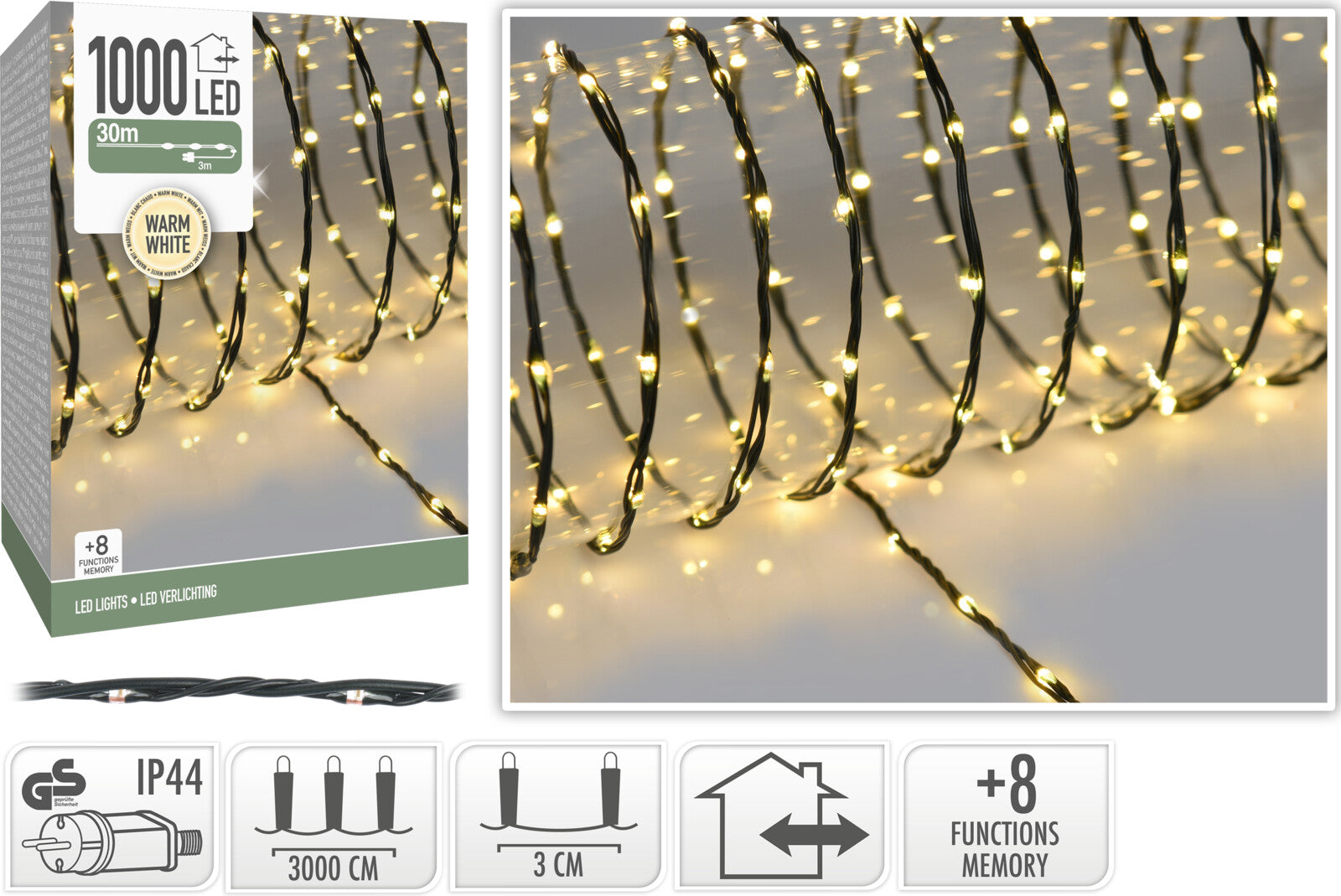 Luci Di Natale 1000 Led Luce Calda per decorazioni natalizie interne ed esterne da 30 m con 8 funzioni memory - DeMatteis.it