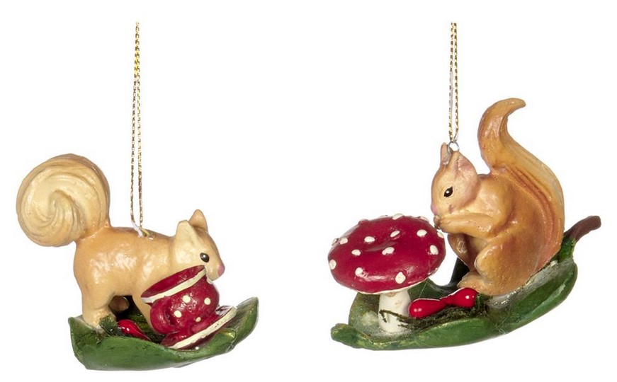 Pendente Scoiattolo Su Foglia decorativo da 14 cm per addobbi natalizi con funghi e dettagli artigianali - DeMatteis.it