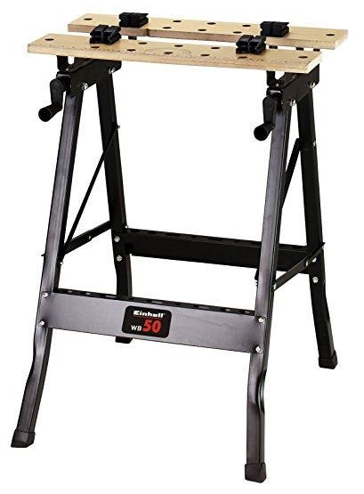 Banco da lavoro WB 50 Einhell pieghevole con struttura in metallo nero e pannelli in legno, dotato di morse di serraggio e griglia perforata per il fissaggio dei pezzi di lavoro, ideale per progetti fai-da-te. | Dematteis.it