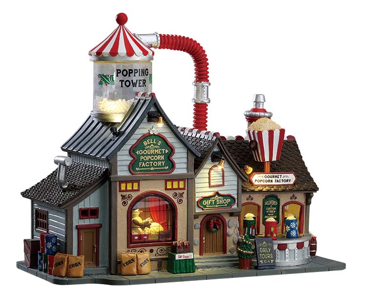Bell's Gourmet Popcorn Factory Lemax, fabbrica di popcorn animata per Villaggio di Natale con torre scoppiettante, nastro trasportatore e illuminazione interna dettagliata. | Dematteis.it