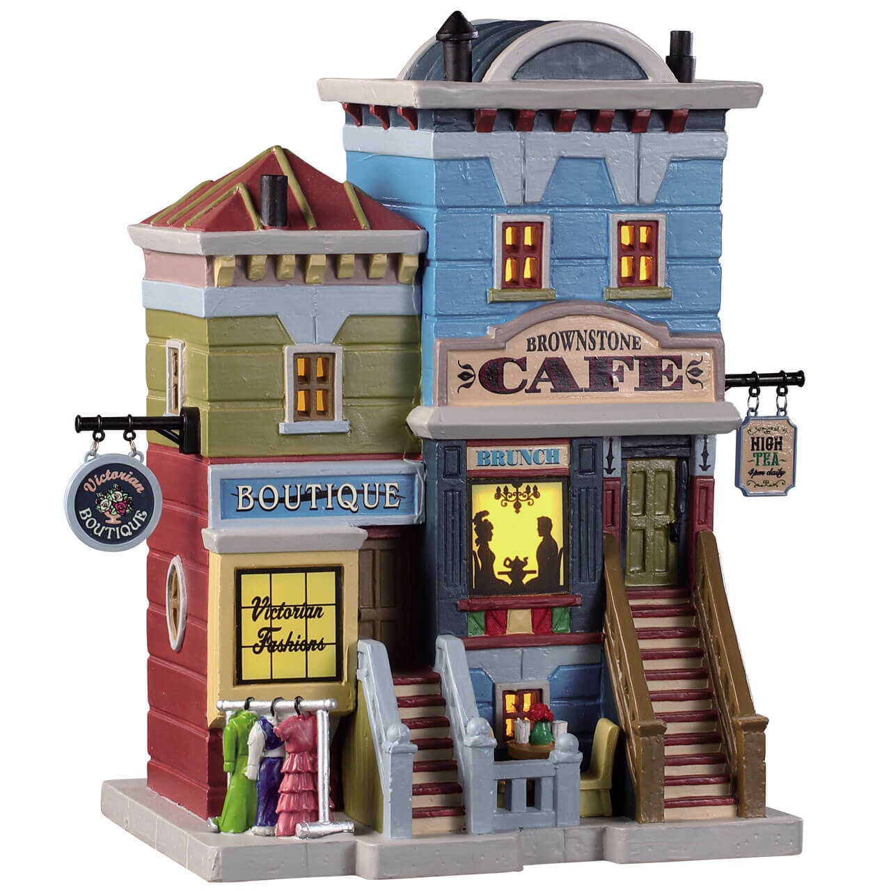 Brownstone Cafe' Lemax edificio a tre piani per villaggio di Natale con caffetteria illuminata, boutique Victoria Fashions e scale esterne in legno dipinte a mano con dettagli vittoriani autentici | Dematteis.it