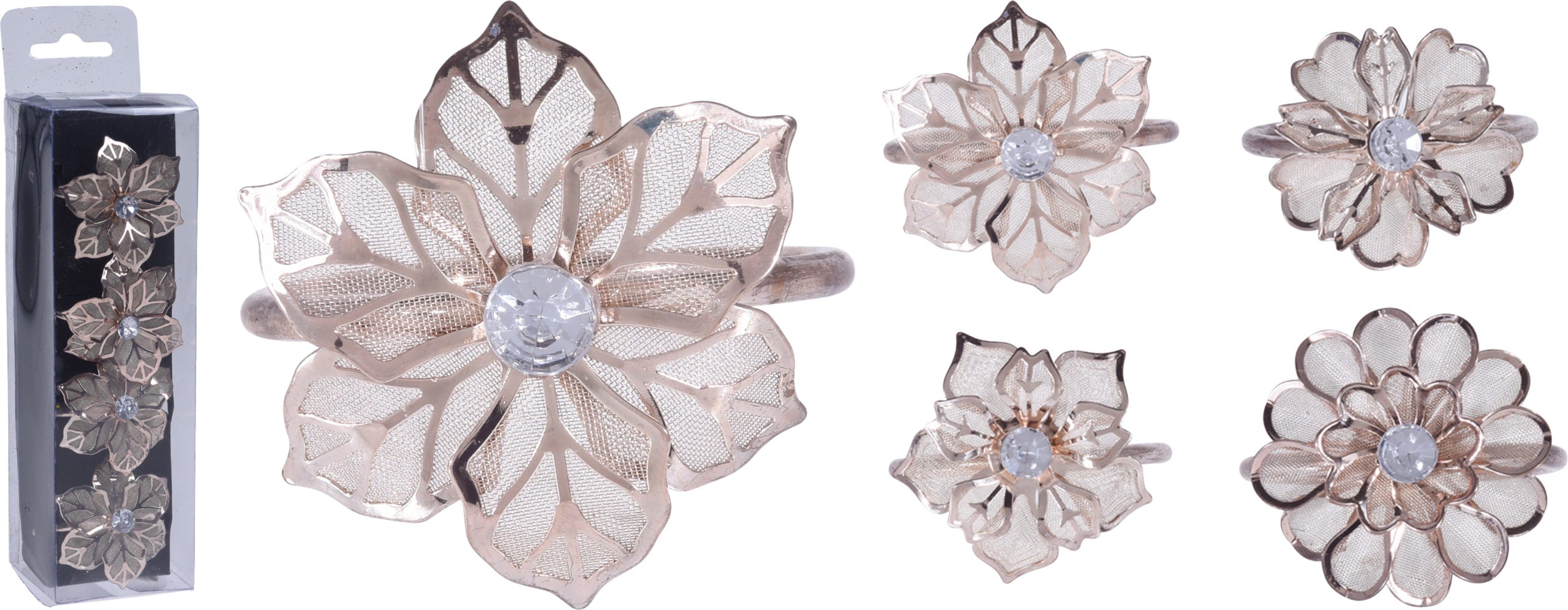 Set 4 Portatovaglioli Rosa Oro a forma di fiore con anello centrale per tovaglioli da tavola - DeMatteis.it